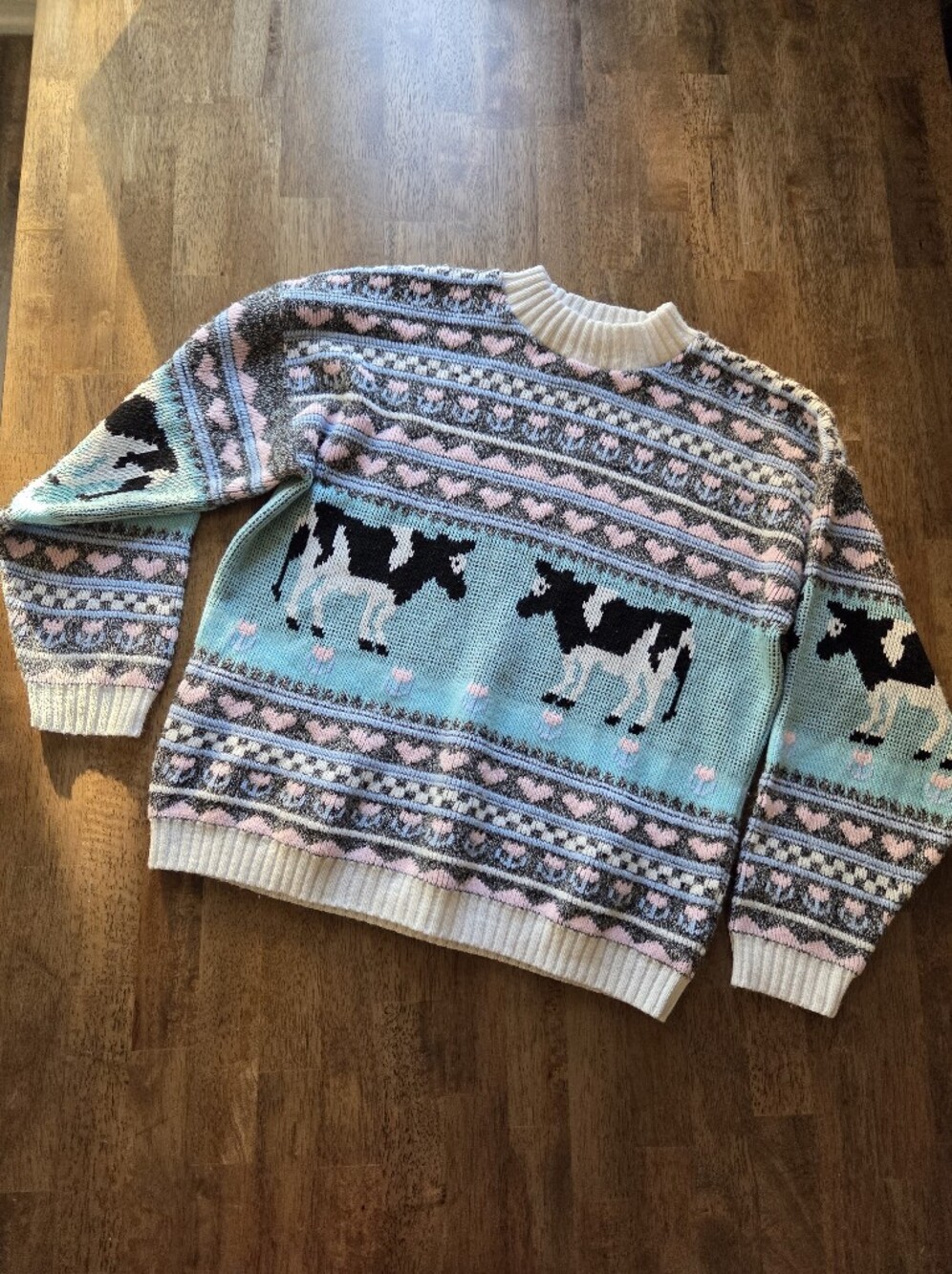 Adorable Cow Fair Isle Crewneck Sweater Pastel Colorway
